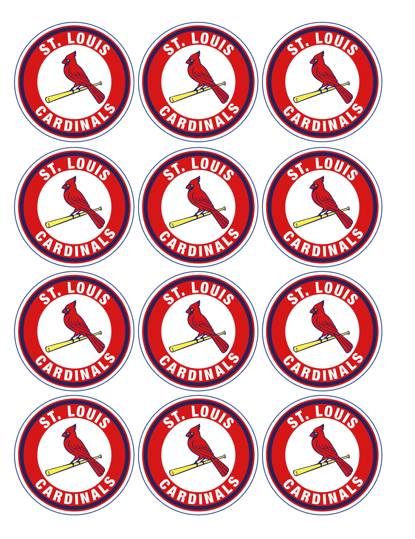 Set of 12 edible image rounds, St. Louis Cardinals, pre cut, many sizes available