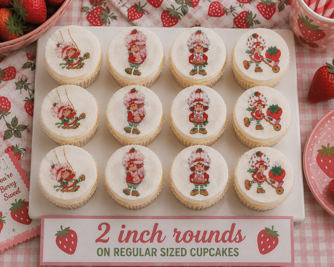 Set of 12 "Strawberry Shortcake" pre cut edible image discs for desserts, choose your size