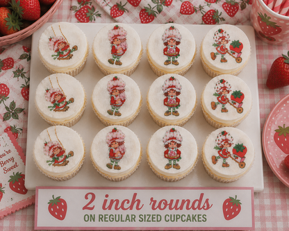 Set of 12 "Strawberry Shortcake" pre cut edible image discs for desserts, choose your size