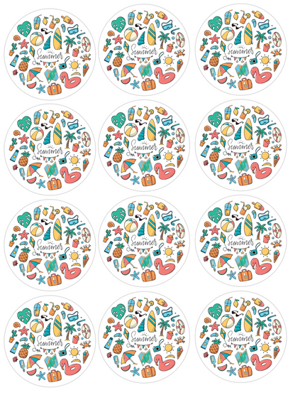 Set of 12 "Summer" pre cut edible image discs for desserts, choose your size