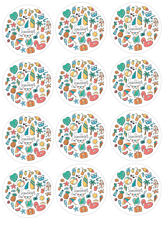 Set of 12 "Summer" pre cut edible image discs for desserts, choose your size