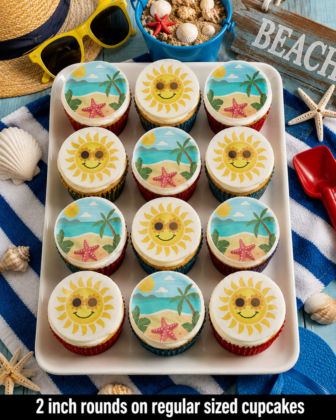 Set of 12 "Summer Beach" pre cut edible image discs for desserts, choose your size