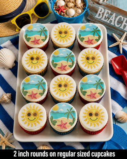Set of 12 "Summer Beach" pre cut edible image discs for desserts, choose your size
