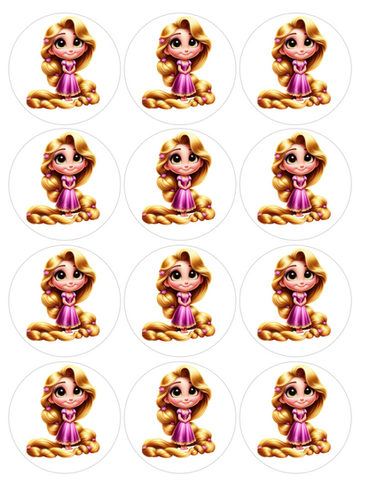 Set of 12 Rapunzel Tangled, pre cut edible image discs for desserts, choose your size
