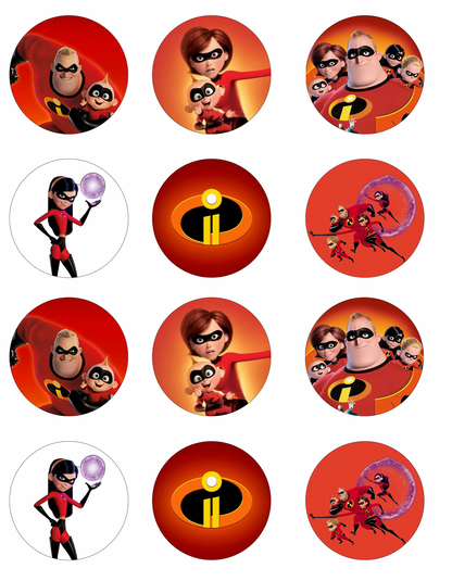 Set of 12 edible image rounds, The Incredibles, pre cut, many sizes available