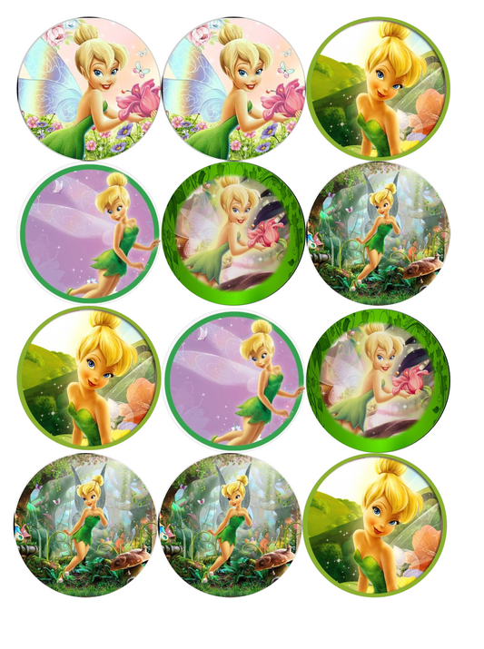 Set of 12 "Tinkerbell" pre cut edible image discs for desserts, drink toppers, choose your size