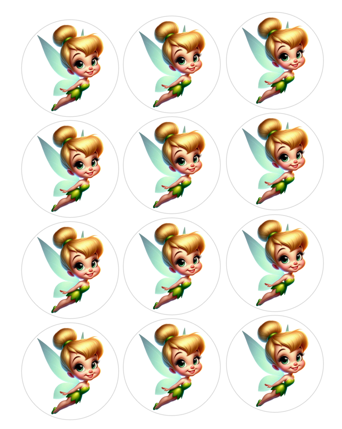 Set of 12 Tinkerbell pre cut edible image discs for desserts, choose your size
