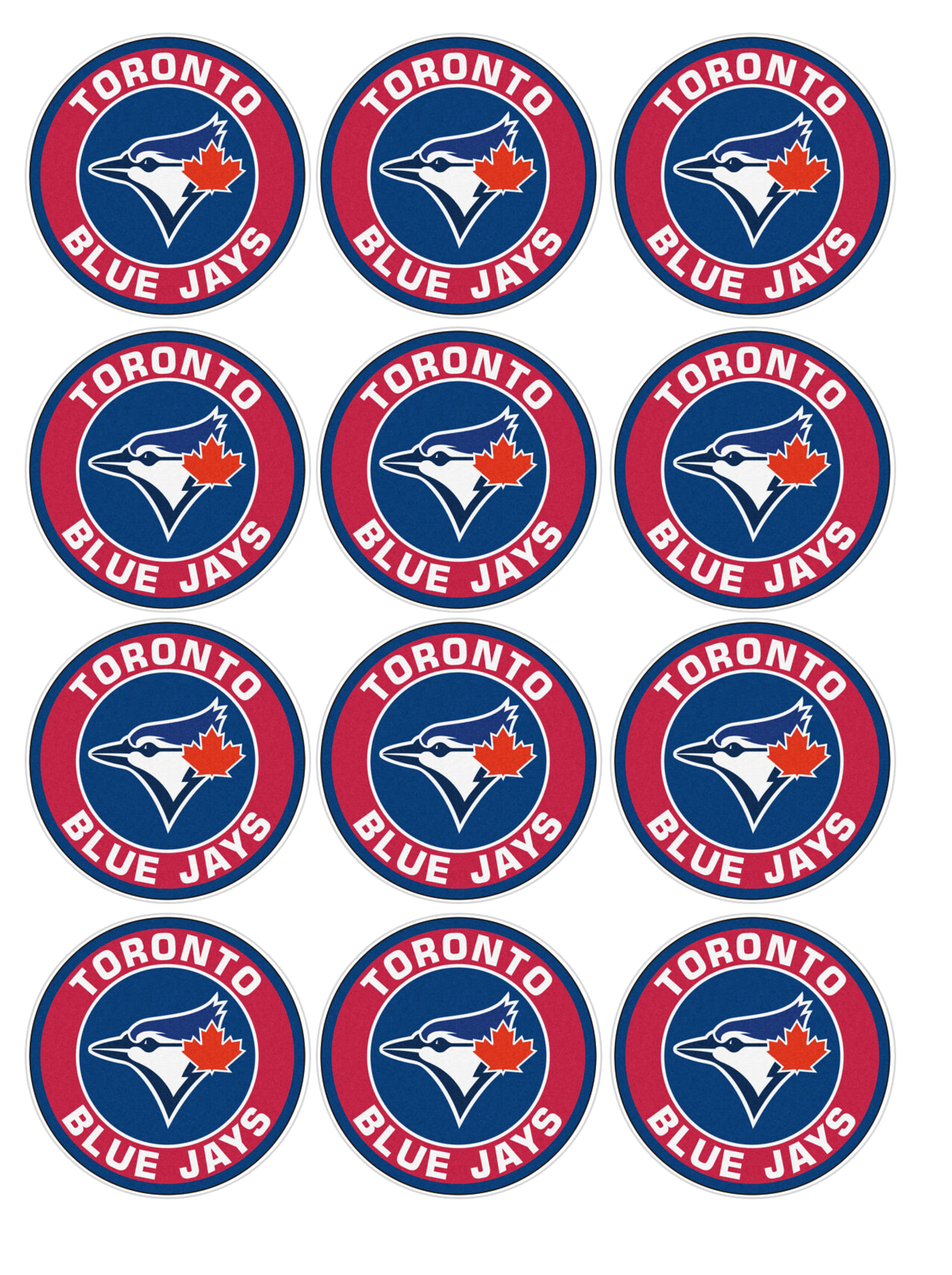 Set of 12 "Toronto Blue Jays" pre cut edible image discs for desserts, choose your size