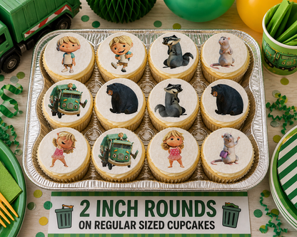 Set of 12 "Trash Truck" pre cut edible image discs for desserts, choose your size