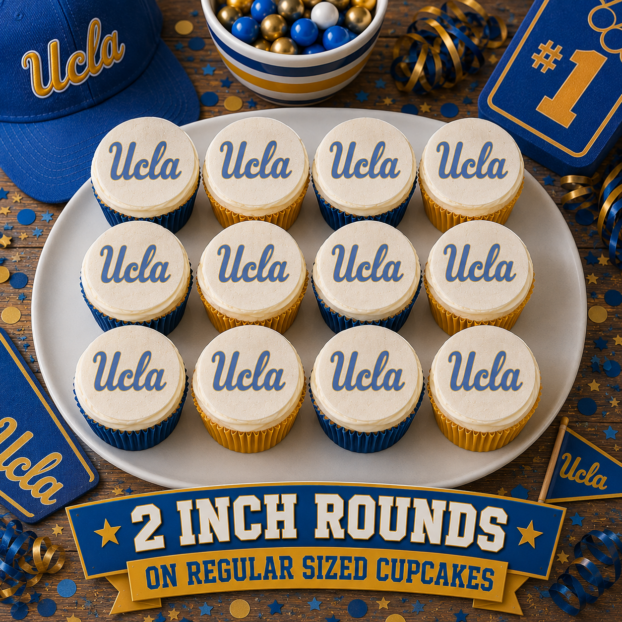 Set of 12 "UCLA" pre cut edible image discs for desserts, choose your size