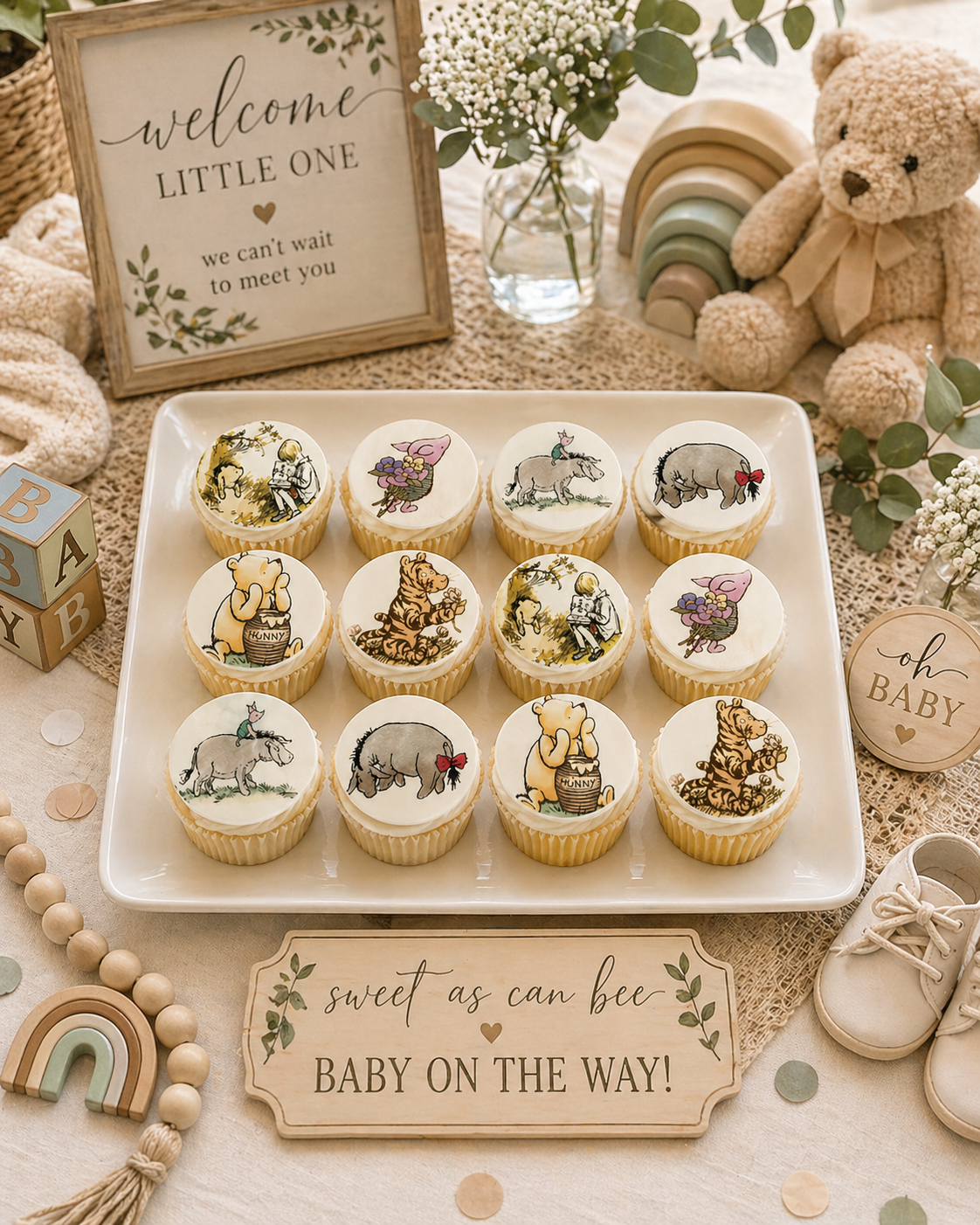 Set of 12 "Unisex Winnie the Pooh" pre cut edible image discs for desserts, choose your size