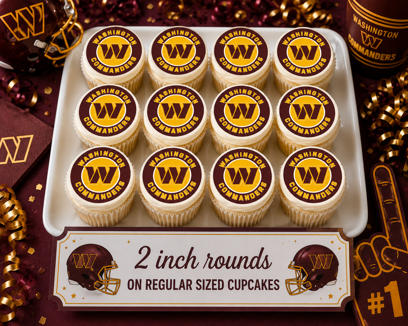 Set of 12 "Washington Commanders" pre cut edible image discs for desserts, choose your size