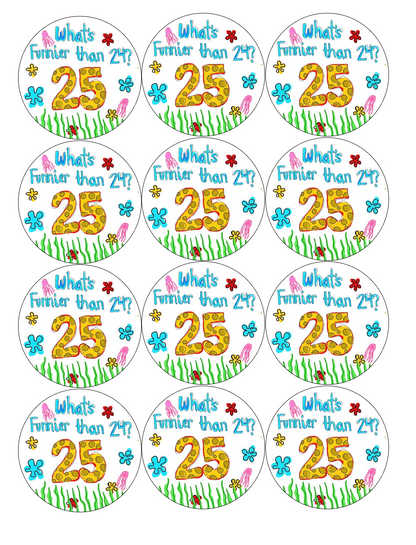 Set of 12 "What's Funnier than 24? 25th birthday" Spongebob pre cut edible image discs for desserts, drink toppers, choose your size