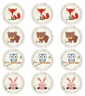 Set of 12 "woodland animals" pre cut edible image discs for desserts, drink toppers, choose your size