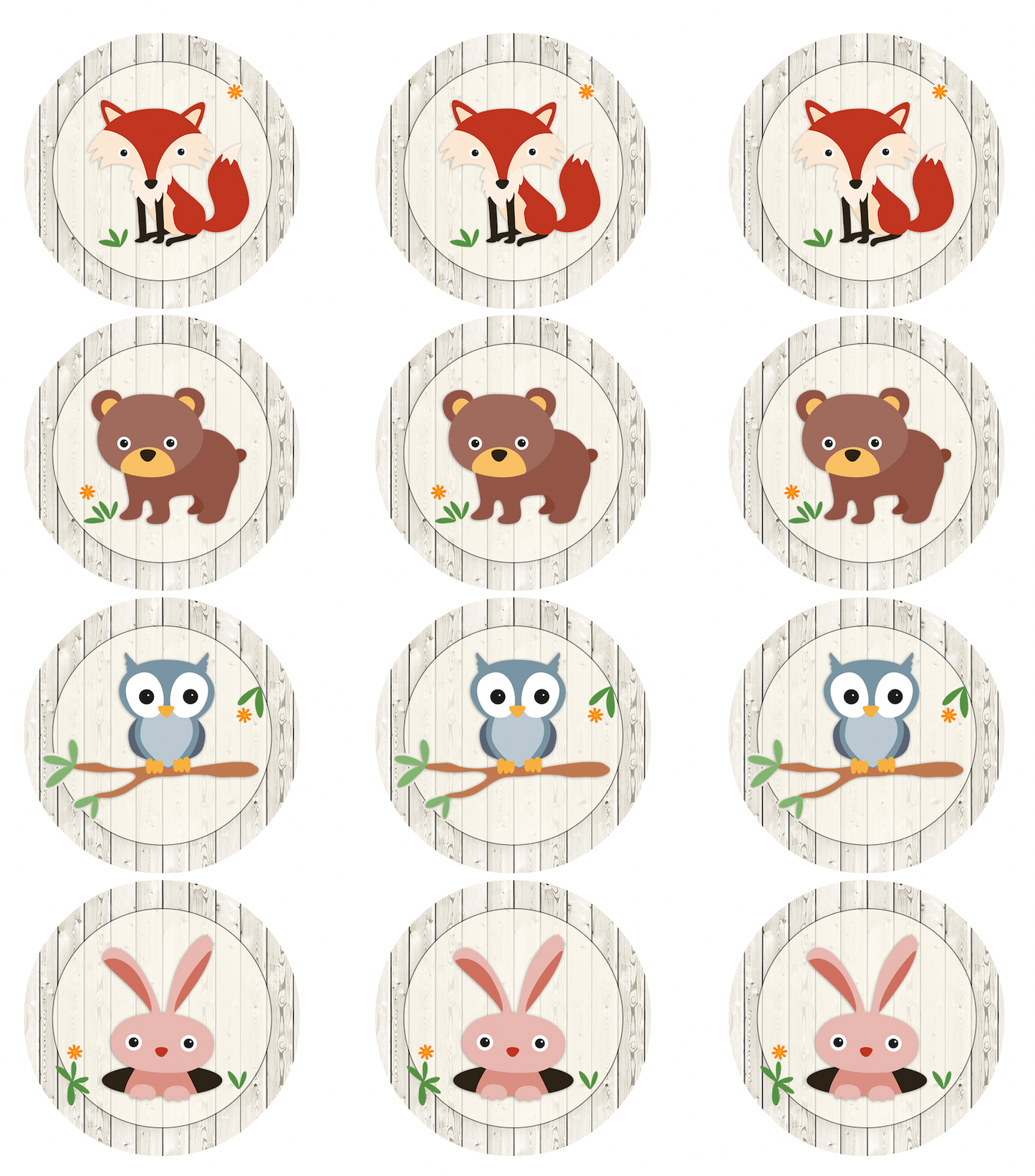 Set of 12 "woodland animals" pre cut edible image discs for desserts, drink toppers, choose your size