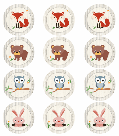 Set of 12 "woodland animals" pre cut edible image discs for desserts, drink toppers, choose your size