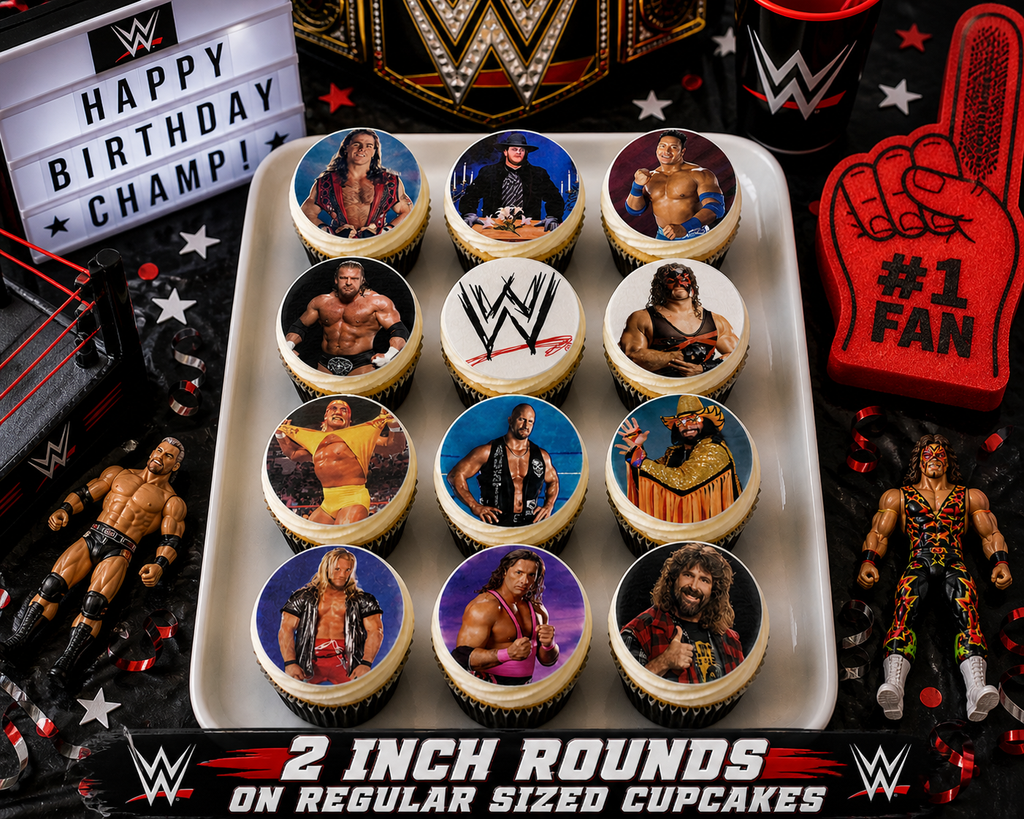Set of 12 "WWE wrestling" pre cut edible image discs for desserts, choose your size