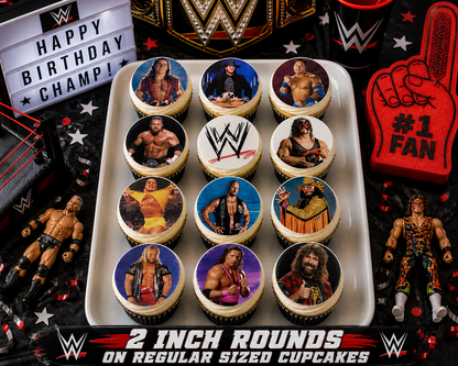 Set of 12 "WWE wrestling" pre cut edible image discs for desserts, choose your size