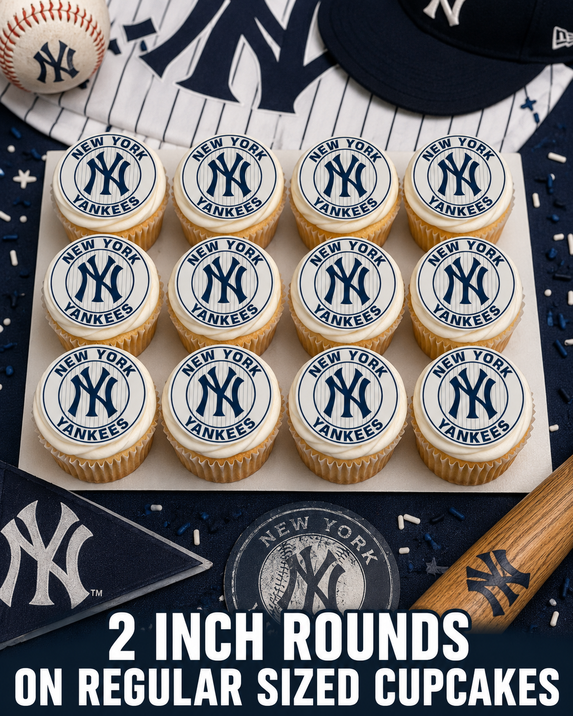 Set of 12 "New York Yankees" pre cut edible image discs for desserts, choose your size