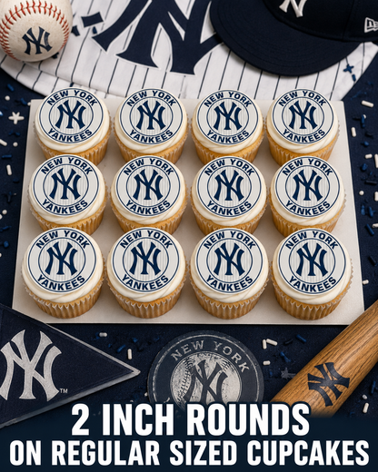 Set of 12 "New York Yankees" pre cut edible image discs for desserts, choose your size
