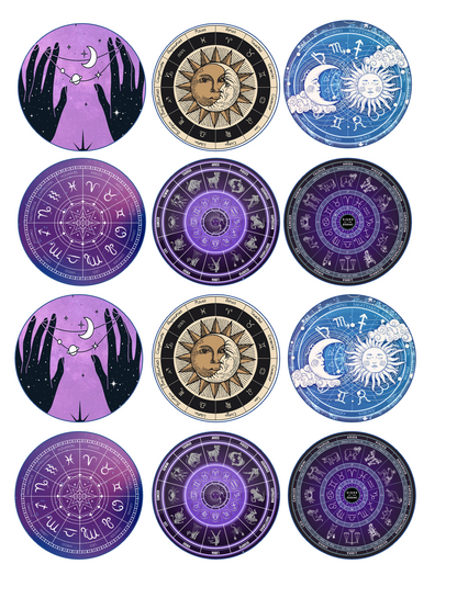 Set of 12 "Zodiac signs" pre cut edible image discs for desserts, drink toppers, choose your size