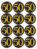 Set of 12 pre cut edible images for desserts, drink toppers, choose your size- gold & black 50th birthday