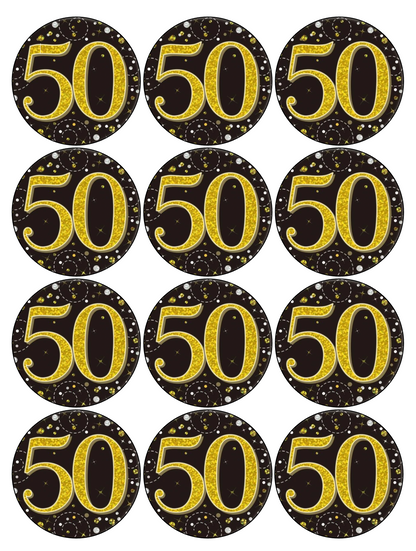 Set of 12 pre cut edible images for desserts, drink toppers, choose your size- gold & black 50th birthday