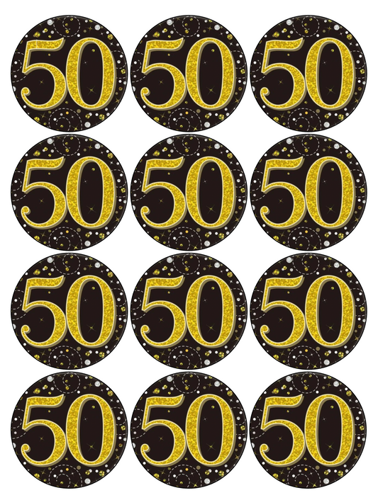 Set of 12 pre cut edible images for desserts, drink toppers, choose your size- gold & black 50th birthday