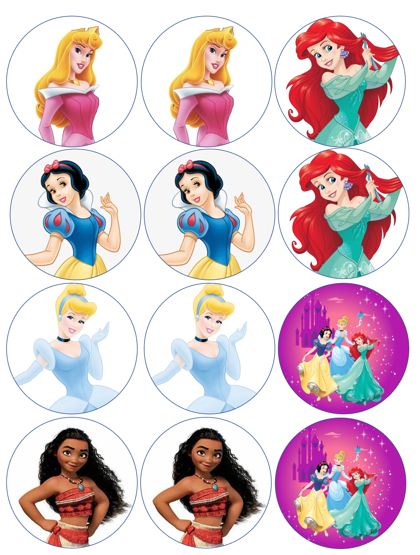 Set of 12 pre cut edible images for desserts, drink toppers, choose your size- princesses