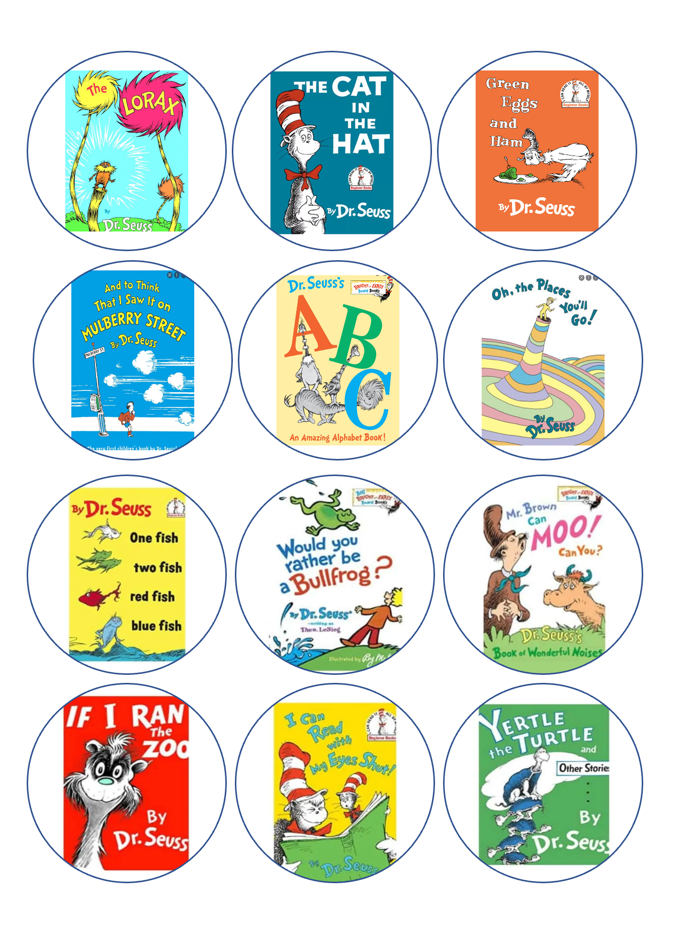 Set of 12 edible images for desserts, drink toppers, pre cut, many sizes available- Dr. Seuss Books