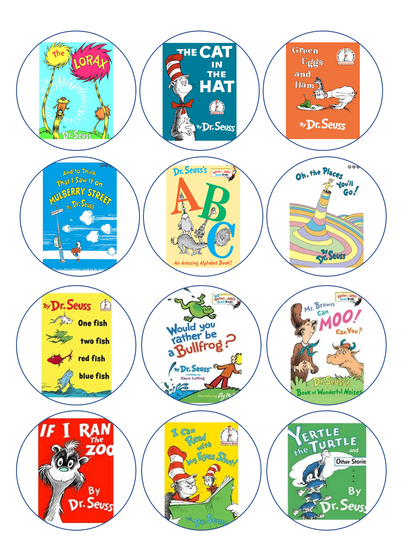 Set of 12 edible images for desserts, drink toppers, pre cut, many sizes available- Dr. Seuss Books