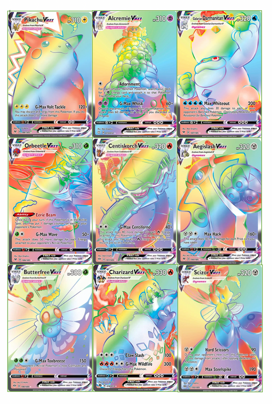 Set of 9 edible images for desserts, pre cut, 2x3" or 2.5x3.5" rectangles- rainbow VMAX pokemon cards