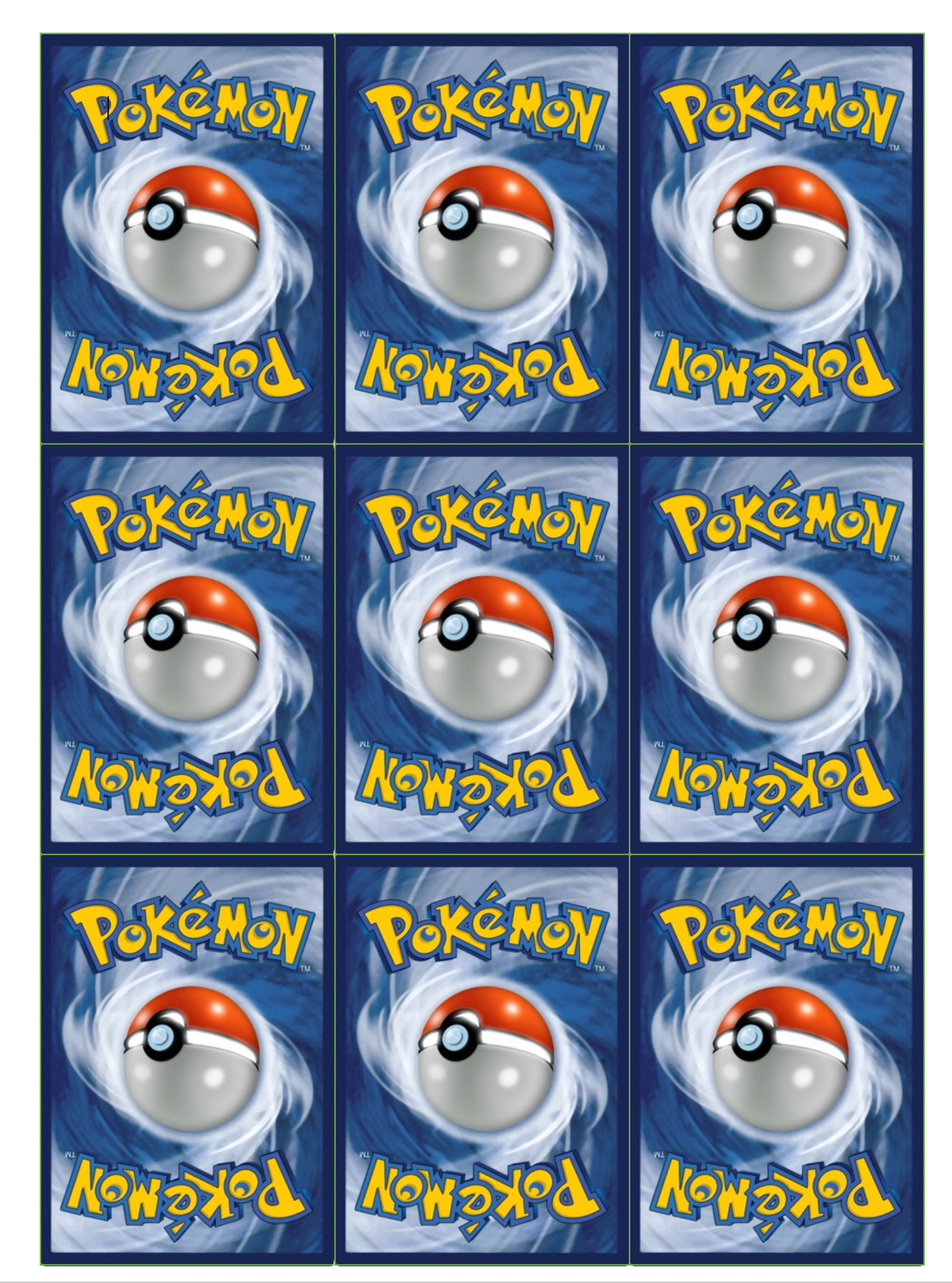 Set of 9 edible images for desserts, pre cut, 2x3" or 2.5x3.5" rectangles- back of pokemon cards