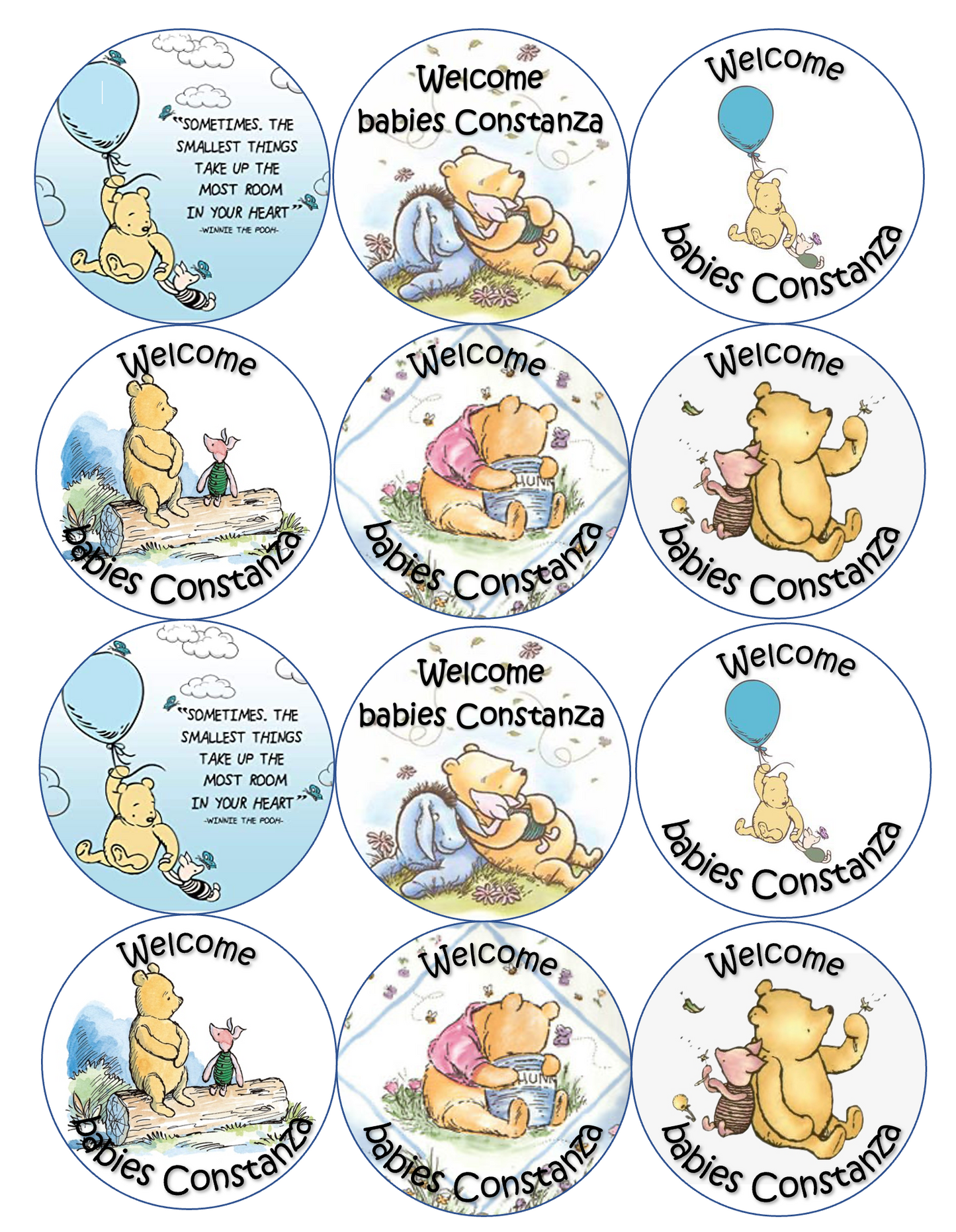 Set of 12 edible images for desserts, drink toppers, pre cut, many sizes available- CUSTOMIZABLE classic pooh, blue boy baby shower birthday