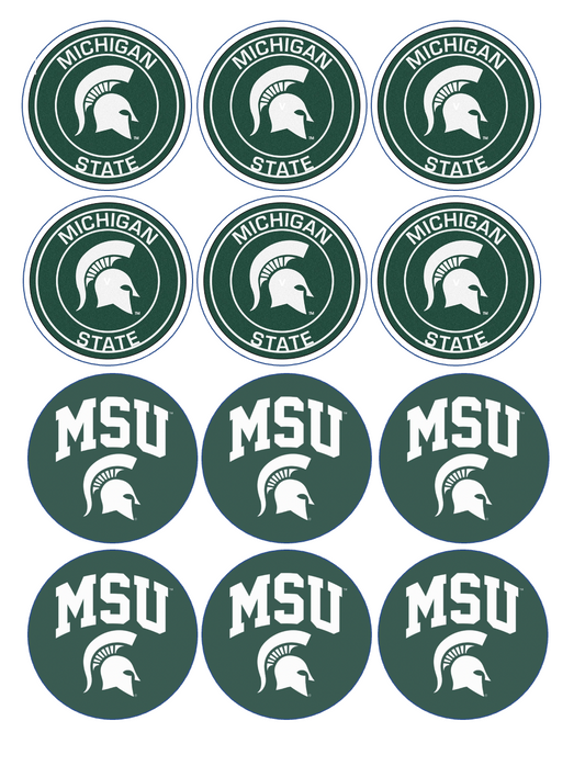 Set of 12 pre cut edible images for desserts, drink toppers, choose your size- MSU Michigan state university