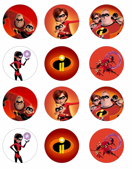 Set of 12 pre cut edible images for desserts, drink toppers, choose your size- The incredibles