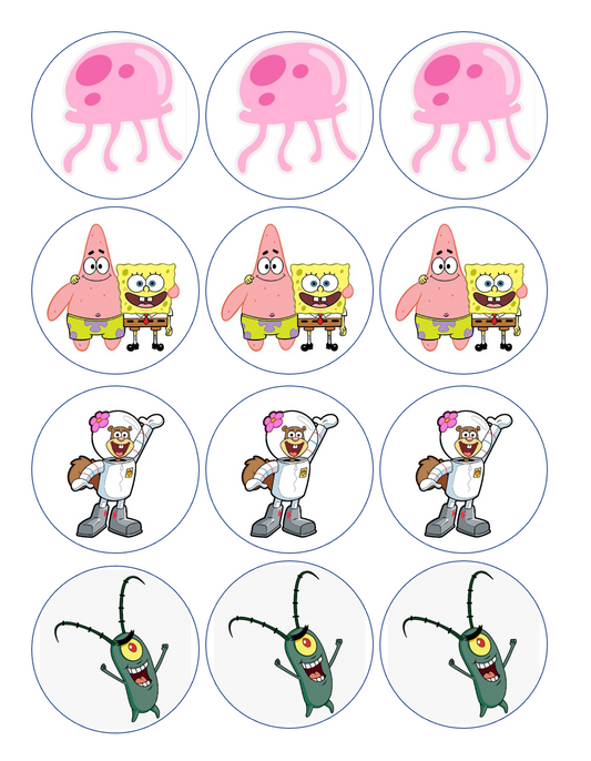 set of 12 pre cut edible images for desserts, drink toppers, choose your size- SpongeBob Squarepants