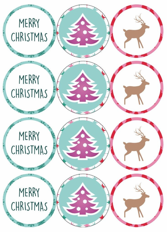 set of 12 pre cut edible images for desserts, drink toppers, choose your size- Pink Christmas, Happy holidays