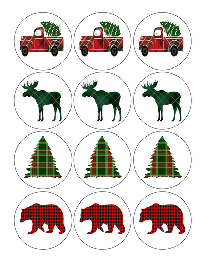 set of 12 pre cut edible images for desserts, drink toppers, choose your size- buffalo check, Plaid, Christmas, Woodland Holidays