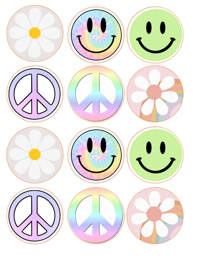 set of 12 pre cut edible images for desserts, drink toppers, choose your size- retro 70s flower power smiley face