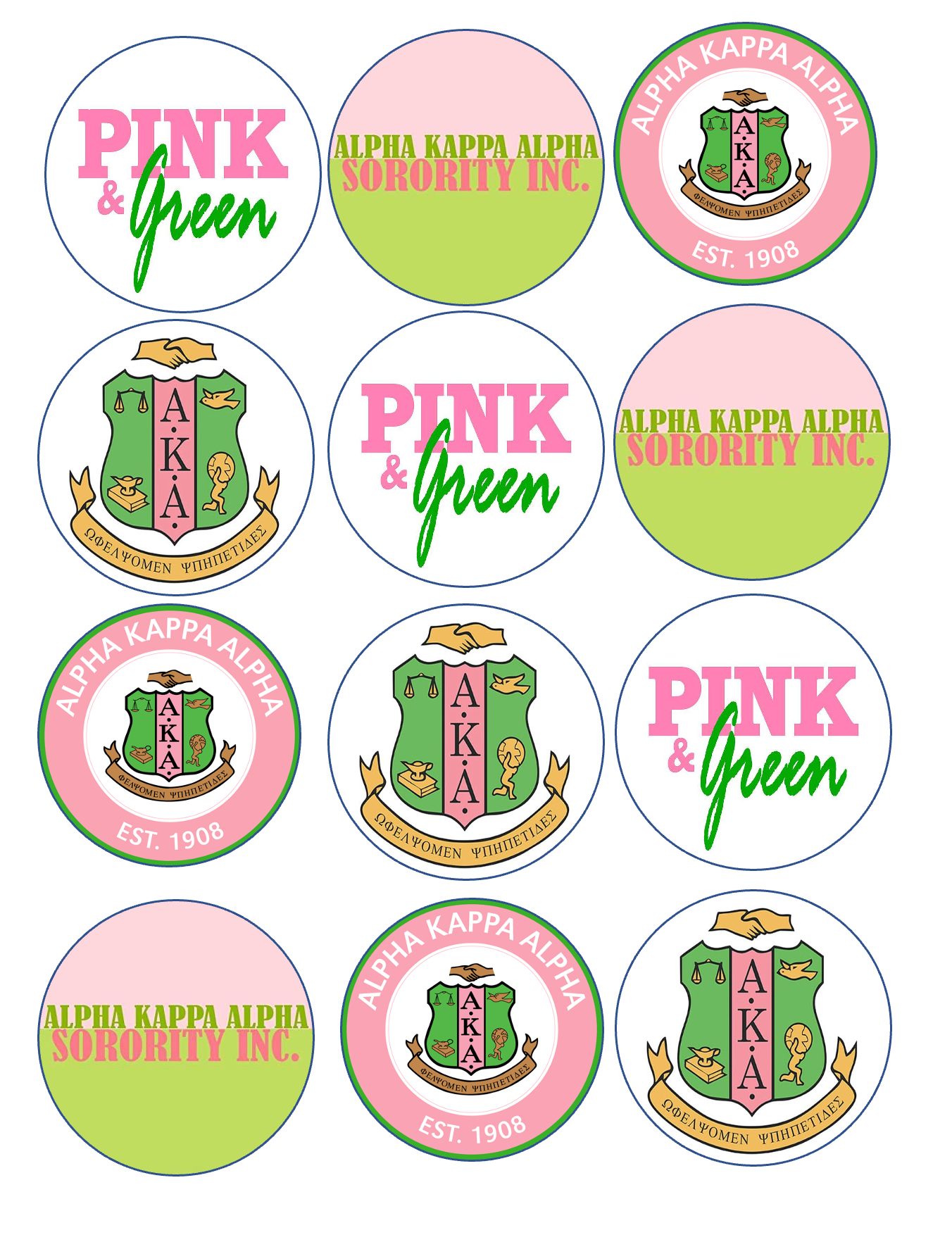 Set of 12 edible images for desserts, drink toppers, pre cut, many sizes available- AKA sorority