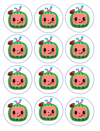 Set of 12 edible images for desserts, drink toppers, pre cut, many sizes available- kids watermelon cartoon