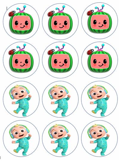 Set of 12 edible images for desserts, drink toppers, pre cut, many sizes available- kids watermelon cartoon, JJ