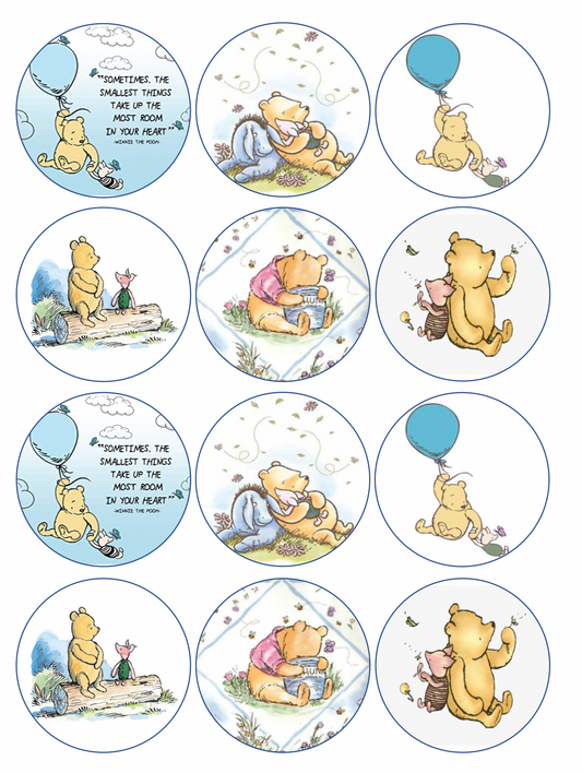 Set of 12 edible images for desserts, drink toppers, pre cut, many sizes available- classic pooh, blue boy baby shower