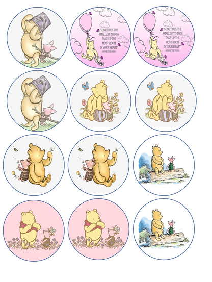 Set of 12 edible images for desserts, drink toppers, pre cut, many sizes available- classic pooh, pink girl baby shower