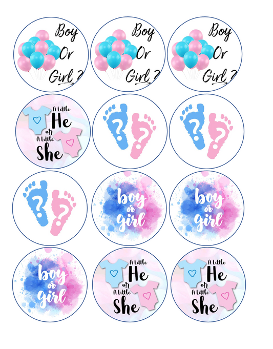 Set of 12 edible images for desserts, drink toppers, pre cut, many sizes available- gender reveal party