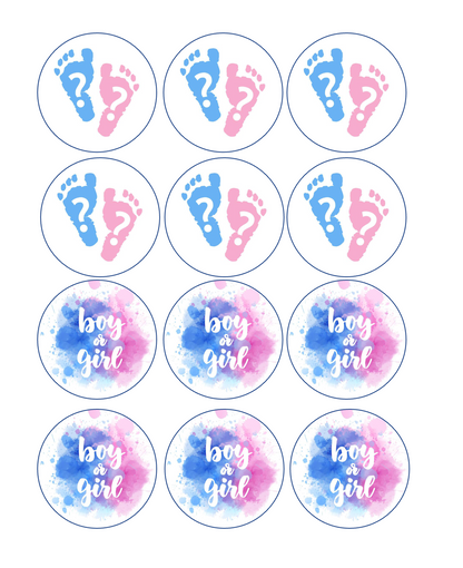 Set of 12 edible images for desserts, drink toppers, pre cut, many sizes available- gender reveal party