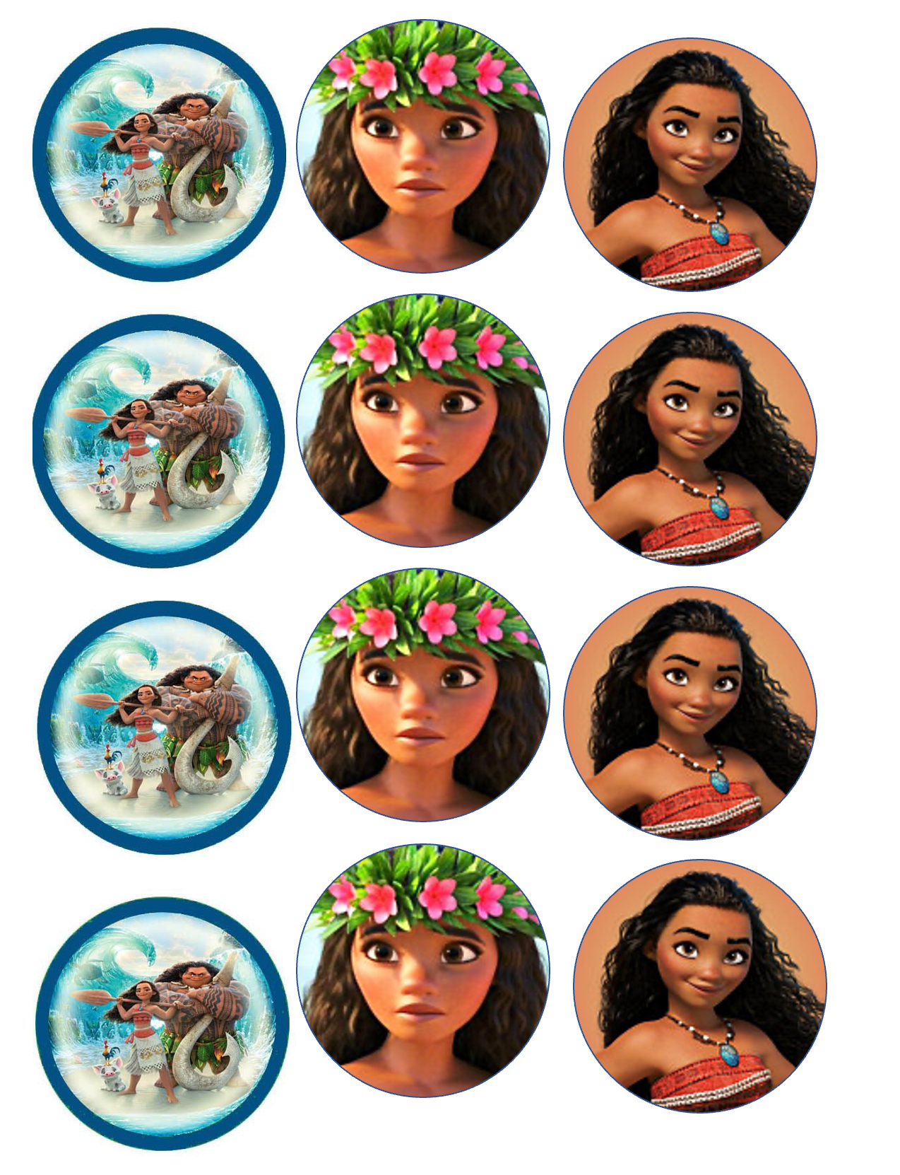 Set of 12 edible images for desserts, drink toppers, pre cut, many sizes available- Moana mix