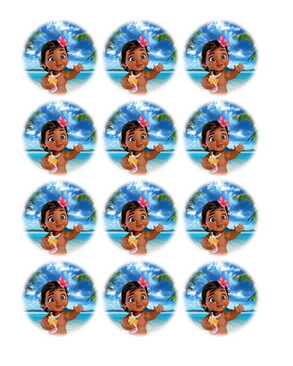 Set of 12 edible images for desserts, drink toppers, pre cut, many sizes available- baby Moana