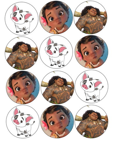 Set of 12 edible images for desserts, drink toppers, pre cut, many sizes available- baby Moana, Put mix